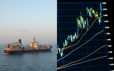 Ein Tanker auf der Straße von Hormus, nebst einem steigendem Aktienkurs 